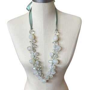 Elegant Crystal Bead Necklace with Green Ribbon